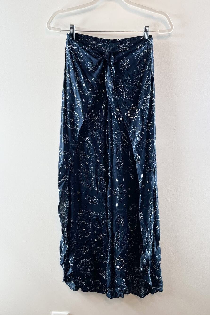 Abercrombie & Fitch Wide Leg Wrap Tie Waist Flowy Beach Pants Bandana Blue XS